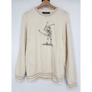 Vintage Carmel 90s Cream Embroidered Golf Golfer‎ Pullover Sweater Sz M USA Made